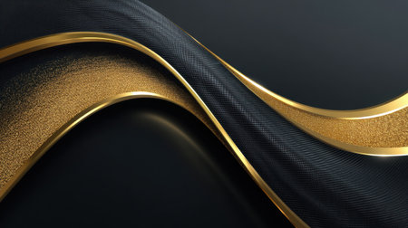 This striking image features elegant curved textures in black and gold, creating a modern and luxurious background for various design needs.の素材