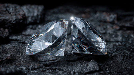Experience the captivating beauty of two exquisite diamonds showcasing their brilliant cut and sparkling reflections on a dark surface.の素材