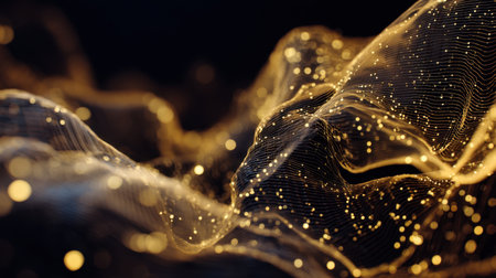 This image features an abstract representation of flowing gold waves illuminated by glittering lights. Ideal for creative projects and visual media.の素材