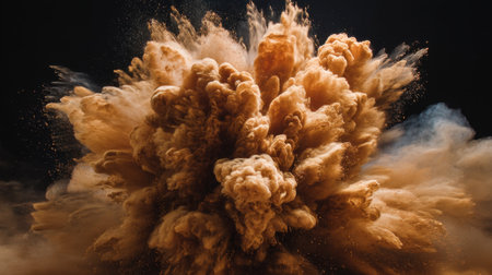 A dramatic explosion of brown dust and particles creates an extraordinary visual effect against a dark background, ideal for artistic projects.の素材