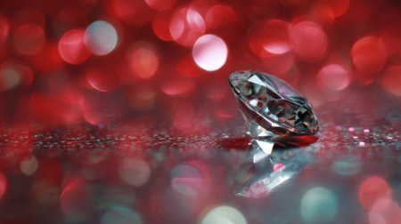 A beautifully captured diamond glimmers on a reflective surface, enhanced by a vibrant red bokeh background, perfect for luxury themes.の素材