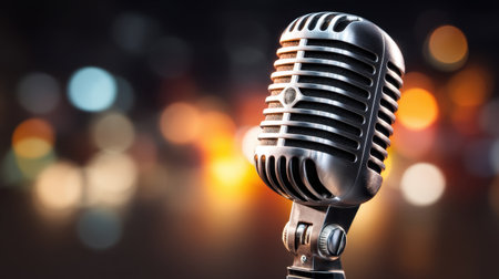 A stunning close-up of a vintage microphone showcases its detailed design against a backdrop of colorful, blurred bokeh lights, symbolizing music and performance.の素材