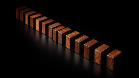 A captivating arrangement of wooden blocks in a straight line against a black background, showcasing the interplay of shadow and light, ideal for abstract art themes.の素材