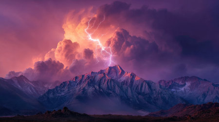 Witness the breathtaking beauty of a mountain landscape illuminated by lightning with vivid, colorful clouds at dusk. A mesmerizing scene of nature.の素材