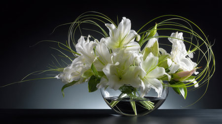 A stunning arrangement of white lilies in a clear glass vase, accented with delicate greenery, brings a touch of elegance and beauty to any setting.の素材