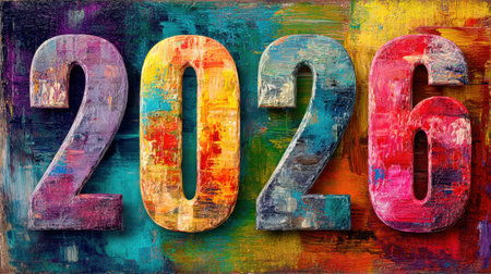 A vibrant artistic representation of the year 2026, featuring textured numbers against an abstract background, evoking creativity and optimism.の素材