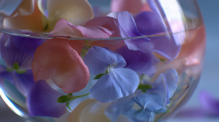 This captivating image features colorful petals beautifully floating in a clear glass bowl of water, creating a serene and tranquil atmosphere.の素材