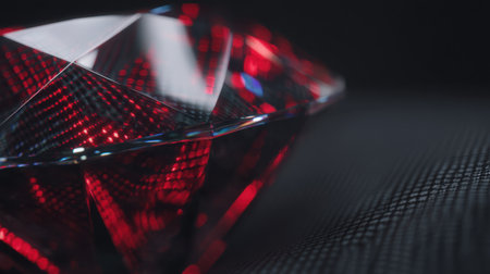 A stunning close-up of a crystal diamond displaying rich red reflections. The textured black background adds depth, enhancing the elegance and luxury of the scene.の素材