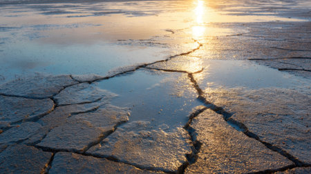 A mesmerizing scene showcasing cracked earth surfaces with shimmering water puddles reflecting the warm glow of sunset. The intricate patterns add depth to this natural landscape, highlighting the effects of environmental changes.の素材