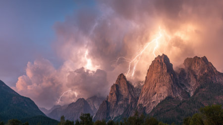 A breathtaking view captures dramatic lightning illuminating majestic mountain peaks during a stunning sunset, showcasing vibrant colors and atmospheric beauty.の素材