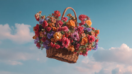 A stunning image of a vibrant floral basket floating gracefully in a bright blue sky, surrounded by fluffy clouds, evoking feelings of joy and beauty.の素材