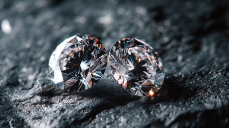 This captivating image highlights two brilliant cut diamonds on a dark textured surface, showcasing their incredible clarity and sparkling brilliance.の素材