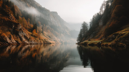 This stunning image captures a tranquil mountain lake at dawn, surrounded by autumn foliage and shrouded in mist, perfect for evoking peace.の素材