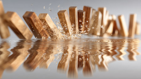 A close-up view of wooden dominoes toppling over, creating dynamic splashes on a smooth surface, illustrating the beauty of cause and effect.の素材