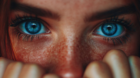 This close-up image captures the striking blue eyes of a young person with freckles, revealing a captivating emotional expression in stunning detail.の素材