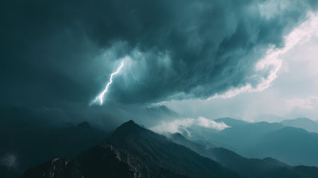 A spectacular view of a lightning strike illuminating the mountain landscape under dark, ominous clouds. Nature's power on display.の素材