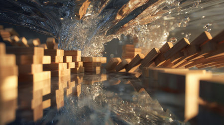 This captivating image showcases the intricate interaction between flowing water and scattered wood blocks, creating a serene and dynamic scene. The vivid reflections and textures highlight the beauty of nature and the fluidity of motion.の素材