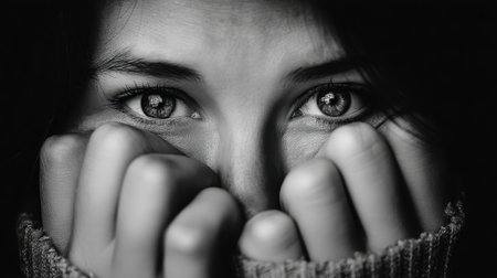 Close-up portrait capturing a young woman's intense emotions as she covers her face with her hands in a dramatic black and white photo.の素材