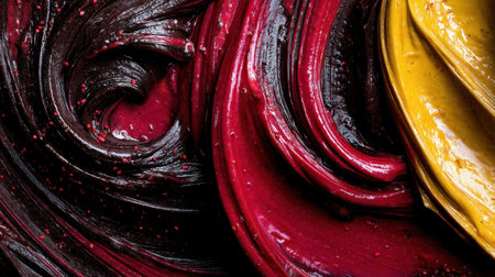 A stunning closeup of rich chocolate and colorful cake batter swirled together, showcasing artistic textures and vibrant hues perfect for culinary creativity.の素材