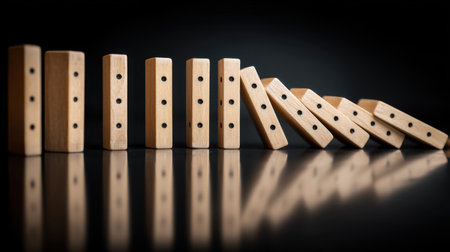 A series of wooden dominos arranged in a falling sequence on a reflective surface, capturing the essence of cause and effect in a playful manner.の素材