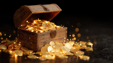 A vintage treasure chest overflowing with shimmering gold coins radiates a warm glow, symbolizing wealth and adventure against a dark backdrop.の素材