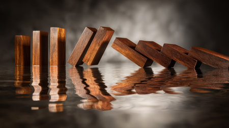 This captivating image features wooden blocks positioned dynamically on a reflective surface, showcasing rich textures and shadows against a dark background.の素材