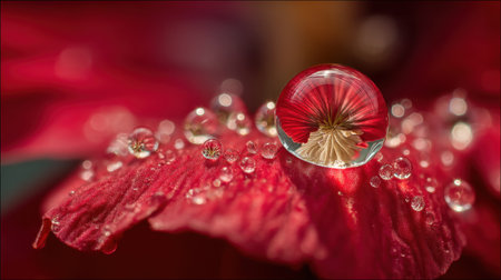 A stunning macro shot of a red flower petal with clear water droplets reflecting the intricate beauty of nature. Perfect for nature lovers.の素材