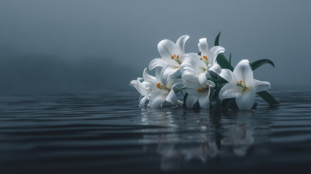 A cluster of elegant white lilies floats on tranquil water, surrounded by a soft mist, creating a peaceful and serene atmosphere.の素材
