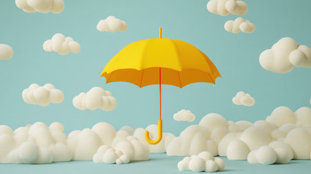 A cheerful yellow umbrella floats among fluffy clouds against a light blue sky, evoking feelings of optimism and playfulness. Perfect for imaginative themes.の素材