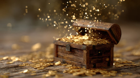 A captivating wooden treasure chest bursts open, revealing a dazzling array of gold coins that glimmer enchantingly. Perfect for themes of wealth and adventure.の素材