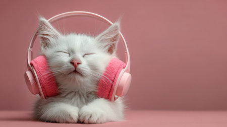 A charming white kitten wearing pink headphones rests comfortably against a pastel pink background, embodying relaxation and joy.の素材