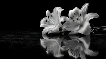 Stunning black and white image featuring white lilies with a calm reflection on a dark background, evoking peaceful beauty and elegance.の素材