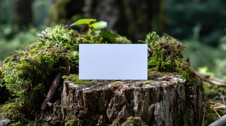 A blank business card rests on a moss-covered tree stump, surrounded by a serene forest atmosphere. The soft natural light highlights the textures of the card and setting, providing an ideal backdrop for branding or design mockups.の素材