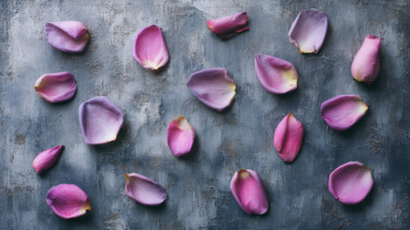A captivating arrangement of delicate pink petals scattered artfully across a rustic textured background, evoking beauty and nature's serenity.の素材