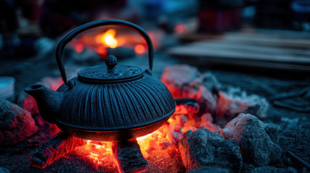 Experience the calm of nature with a traditional cast iron teapot, gently glowing in the warmth of a campfire surrounded by stones.の素材