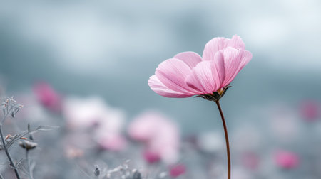 A single delicate pink flower stands gracefully against a softly blurred background of blossoms, evoking a sense of tranquility and elegance in nature.の素材