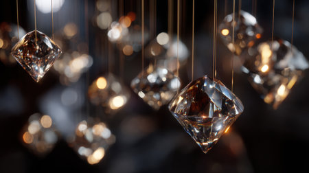 This stunning image features elegant crystal pendant lights hanging gracefully, creating a captivating ambiance with a soft bokeh background.の素材