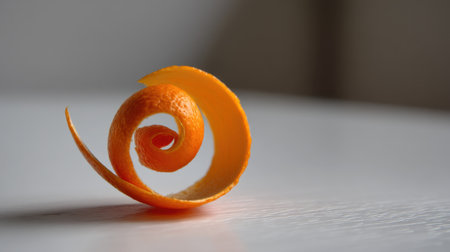 A captivating close-up of a spiraled orange peel showcasing its vibrant color and unique shape, reflecting the beauty of nature and freshness.の素材