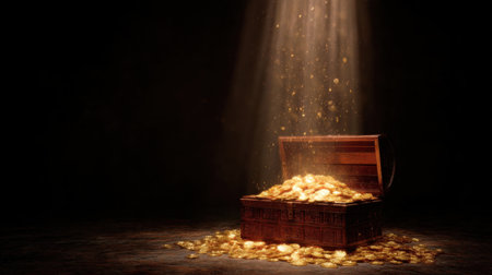A captivating treasure chest overflowing with shimmering gold coins is dramatically illuminated by a spotlight in a dark setting, evoking mystery and adventure.の素材