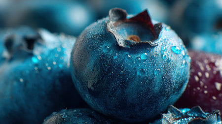 A close-up view of fresh blueberries adorned with glistening water droplets against a dark background, emphasizing their natural beauty and freshness.の素材