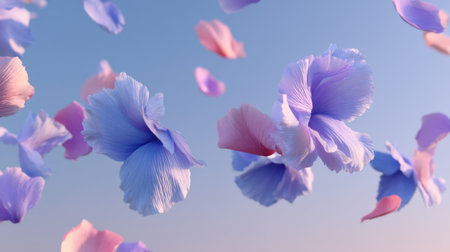 Soft pastel petals drift gracefully through the air, creating a serene atmosphere against a vibrant sky at sunrise, capturing the essence of beauty and nature.の素材