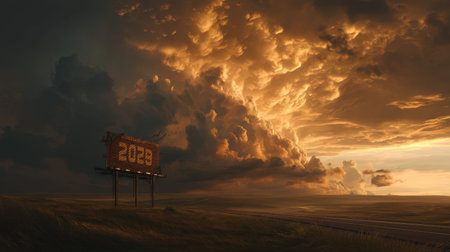 Captivating landscape features a striking sunset with a vibrant display of clouds and a billboard showcasing the year 2023. The scene evokes tranquility and vastness in nature.の素材