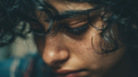 A close-up portrait capturing a young person with curly hair, presenting a thoughtful and introspective expression that evokes deep emotions.の素材