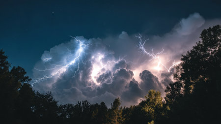 A stunning display of lightning forks through dark stormy clouds, creating a mesmerizing scene above a green forest at night. Nature's power shines vividly.の素材