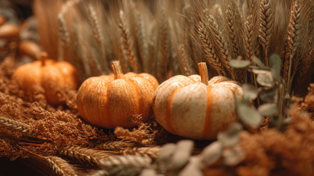 This captivating autumn composition features vibrant pumpkins nestled among golden wheat and dried foliage, perfect for seasonal harvest decor and festivities.の素材