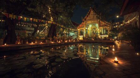 A captivating night view of a tropical temple illuminated by candles and string lights, reflecting beautifully in still water surrounded by flowers.の素材