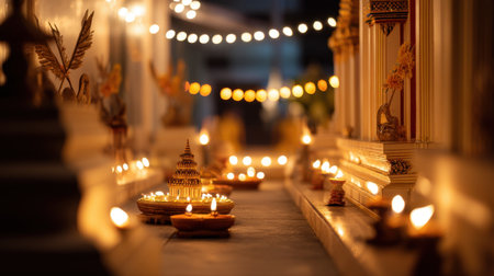 A picturesque scene showcasing a beautifully illuminated pathway lined with decorative oil lamps and festive lights, creating a serene atmosphere ideal for cultural celebrations during the night.の素材