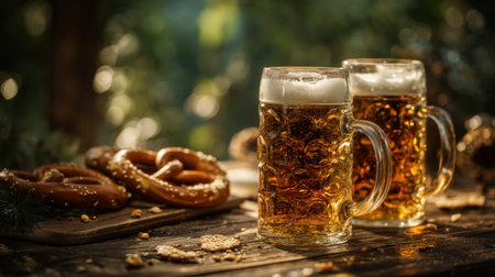 Two frosty mugs of beer sit beside freshly baked soft pretzels on a rustic wooden table, illuminated by warm sunlight filtering through nature.の素材