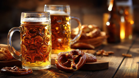 Enjoy the perfect pairing of amber lager in frosty mugs alongside tasty pretzels, set in a cozy pub atmosphere ideal for social gatherings.の素材
