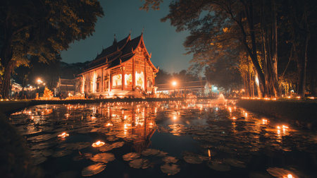 This enchanting night scene captures a traditional temple illuminated by soft candlelight, reflecting in the serene waters below. The lush surroundings enhance the tranquil atmosphere, creating a peaceful setting ideal for meditation and reflection.の素材